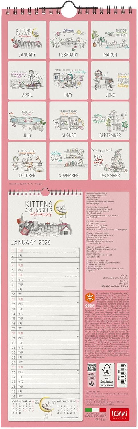 Calendario da Parete 12 Mesi Legami con Planner Annuale 2026 Sketchy Cats 16 x 49 cm