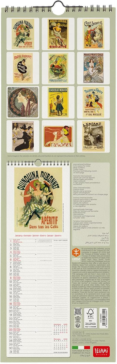 Calendario da Parete 12 Mesi Legami con Planner Annuale 2026 Belle Époque 16 x 49 cm