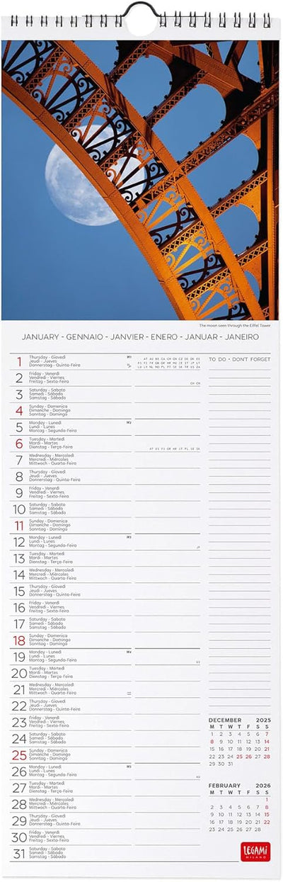 Calendario da Parete 12 Mesi Legami con Planner Annuale 2026 Paris 16 x 49 cm