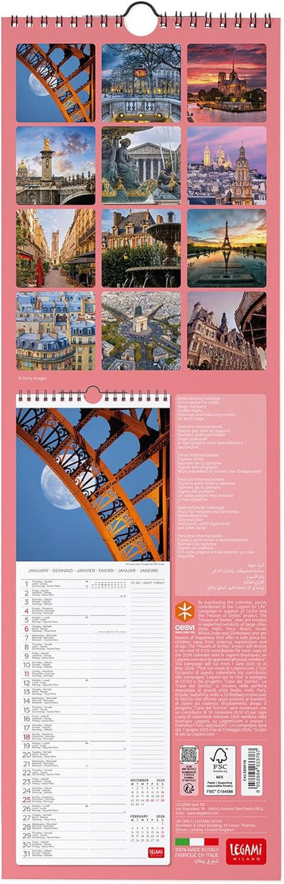 Calendario da Parete 12 Mesi Legami con Planner Annuale 2026 Paris 16 x 49 cm