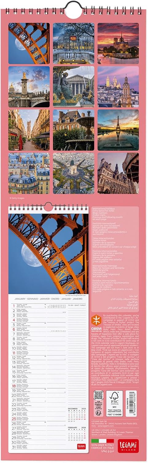 Calendario da Parete 12 Mesi Legami con Planner Annuale 2026 Paris 16 x 49 cm