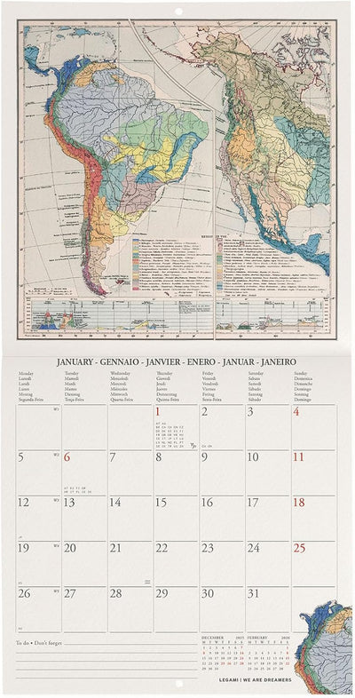 Calendario da Parete 12 Mesi Legami con Planner Annuale 2026 Vintage Maps 18 x 18 cm