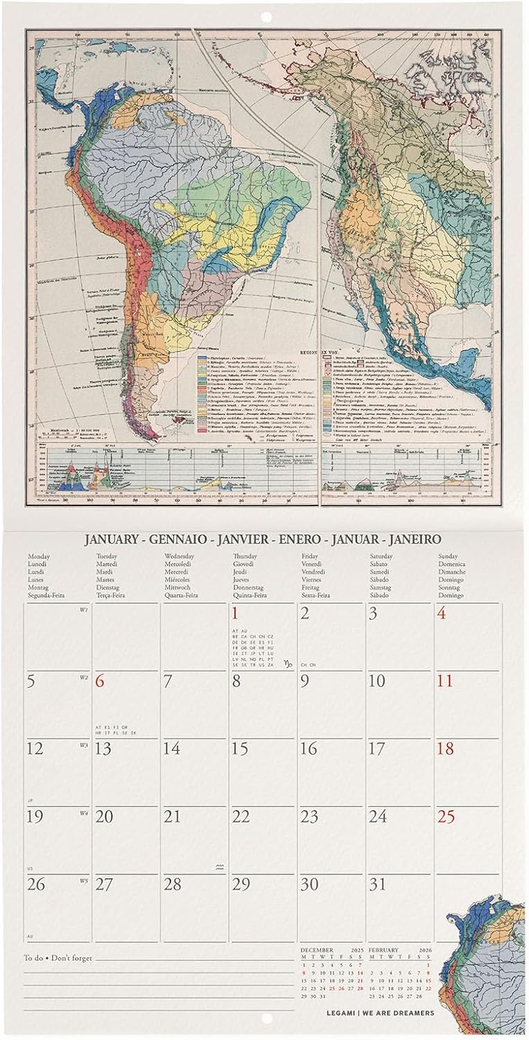 Calendario da Parete 12 Mesi Legami con Planner Annuale 2026 Vintage Maps 18 x 18 cm