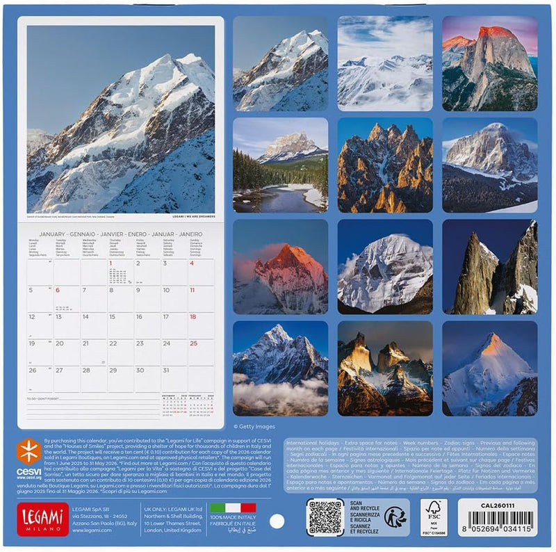 Calendario da Parete 12 Mesi Legami con Planner Annuale 2026 Mountains 18 x 18 cm