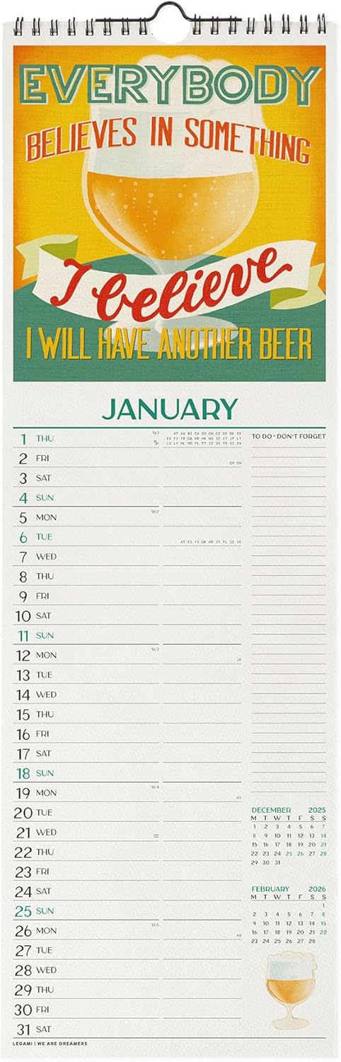 Calendario da Parete 12 Mesi Legami con Planner Annuale 2026 Beer 16 x 49 cm