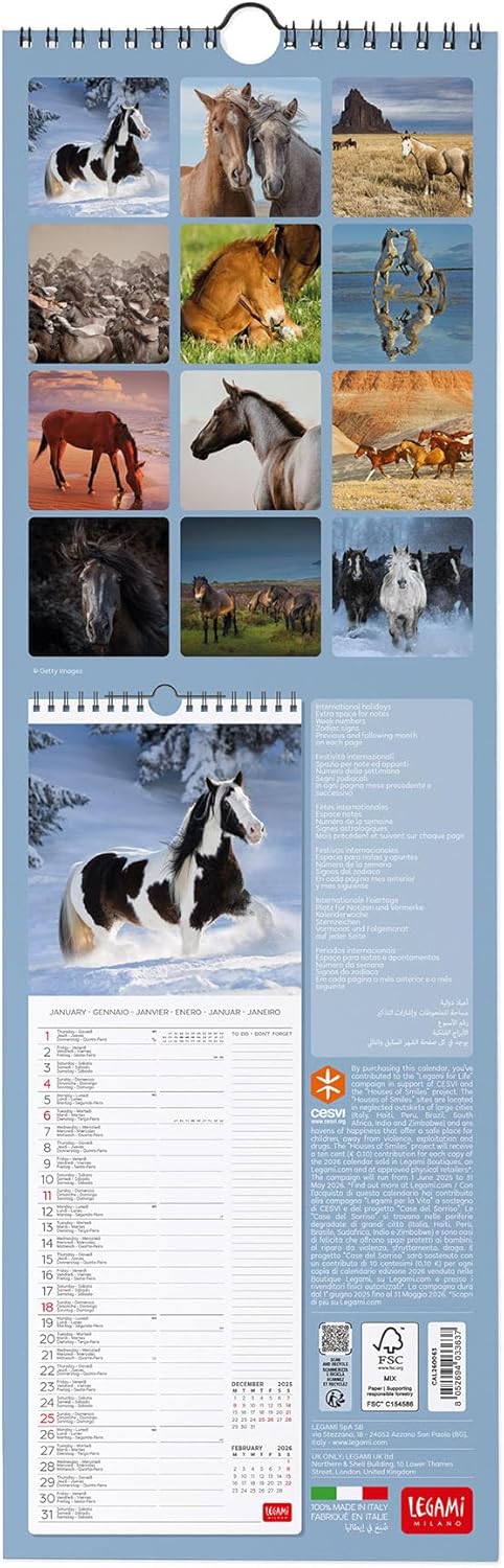 Calendario da Parete 12 Mesi Legami con Planner Annuale 2026 Wild Horses 16 x 49 cm