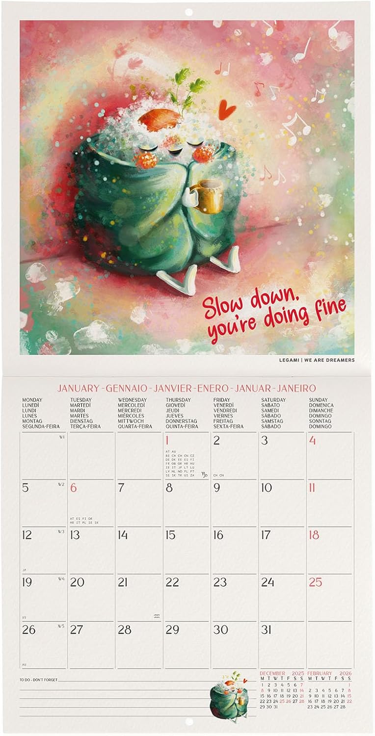Calendario da Parete 12 Mesi Legami con Planner Annuale 2026 Good Vibes Only 18 x 18 cm