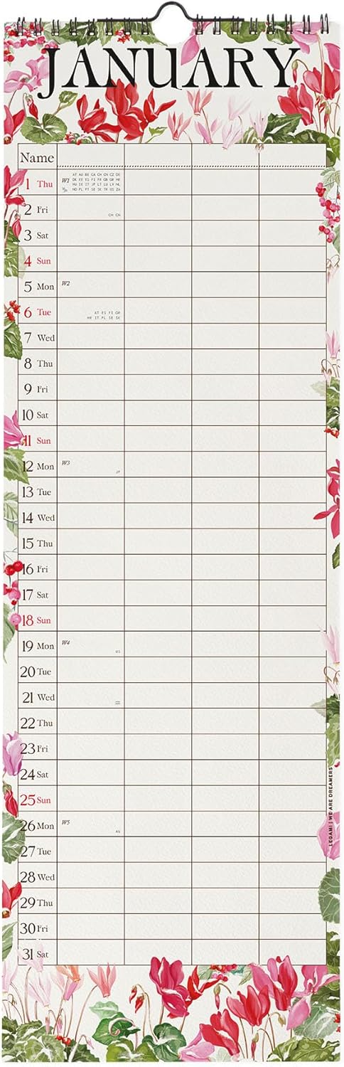 Calendario da Parete 12 Mesi Legami con Planner Annuale 2026 My Secret Garden 16 x 49 cm