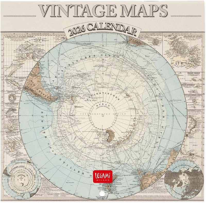 Calendario da Parete 12 Mesi Legami con Planner Annuale 2026 Vintage Maps 18 x 18 cm