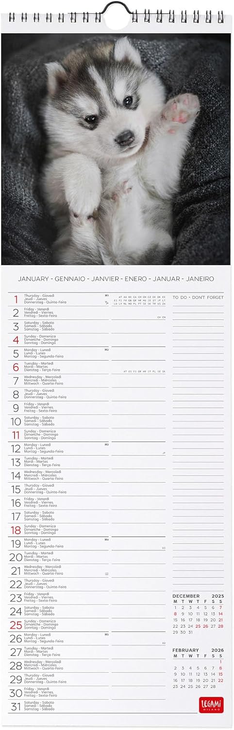 Calendario da Parete 12 Mesi Legami con Planner Annuale 2026 Puppies 16 x 49 cm