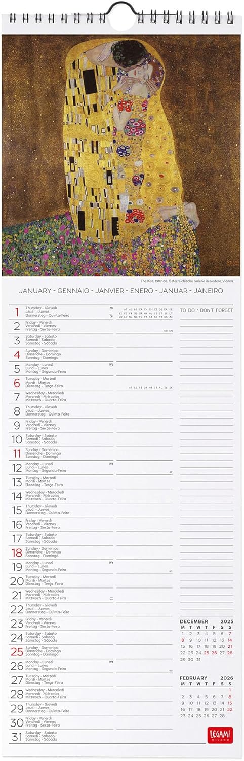 Calendario da Parete 12 Mesi Legami con Planner Annuale 2026 Gustav Klimt 16 x 49 cm