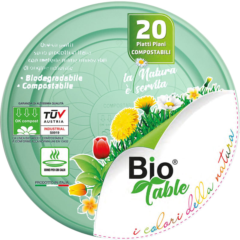 Piatti Piani in Bioplastica 100% Compostabile Verde 22 cm - 20 pezzi