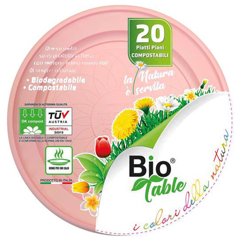 Piatti Piani in Bioplastica 100% Compostabile Rosa 22 cm - 20 pezzi
