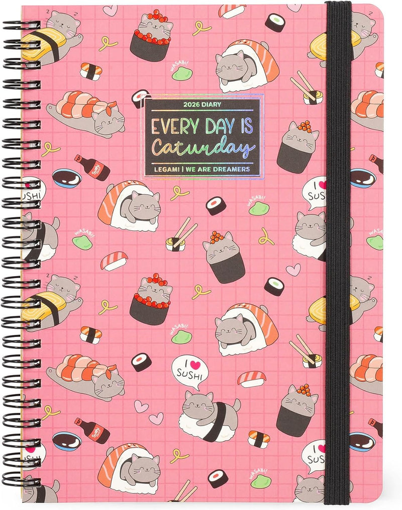 Agenda 12 Mesi Legami Settimanale Spiralata Large 2026 Sushi Cat con Chiusura ad Elastico
