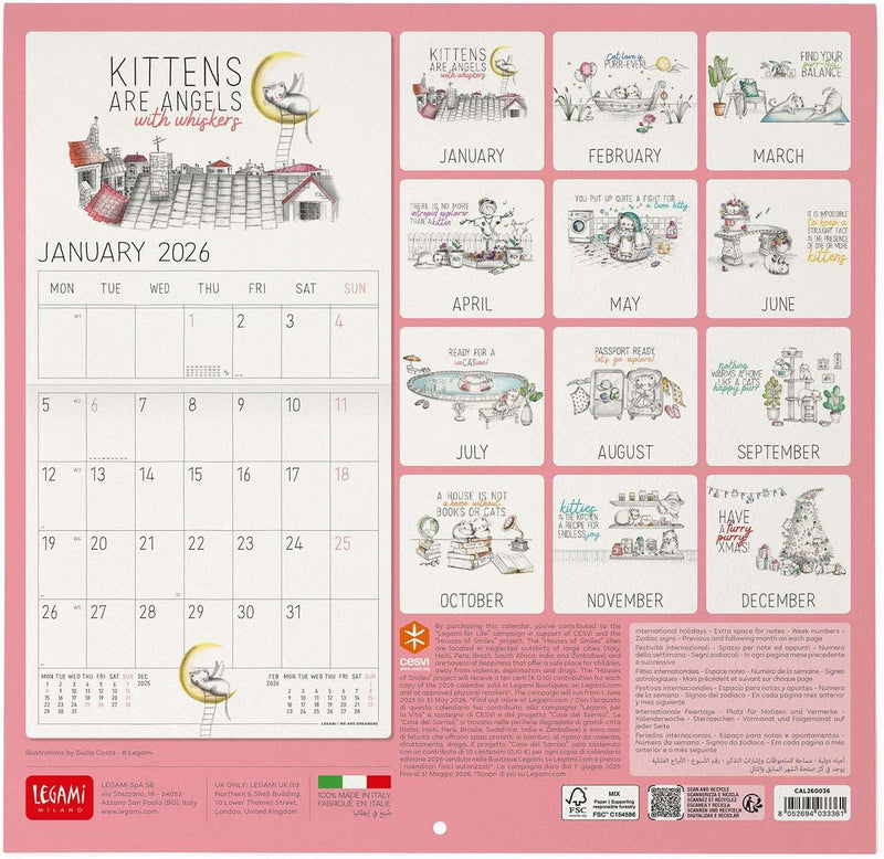 Calendario da Parete 12 Mesi Legami con Planner Annuale 2026 Sketchy Cats 30 x 29 cm
