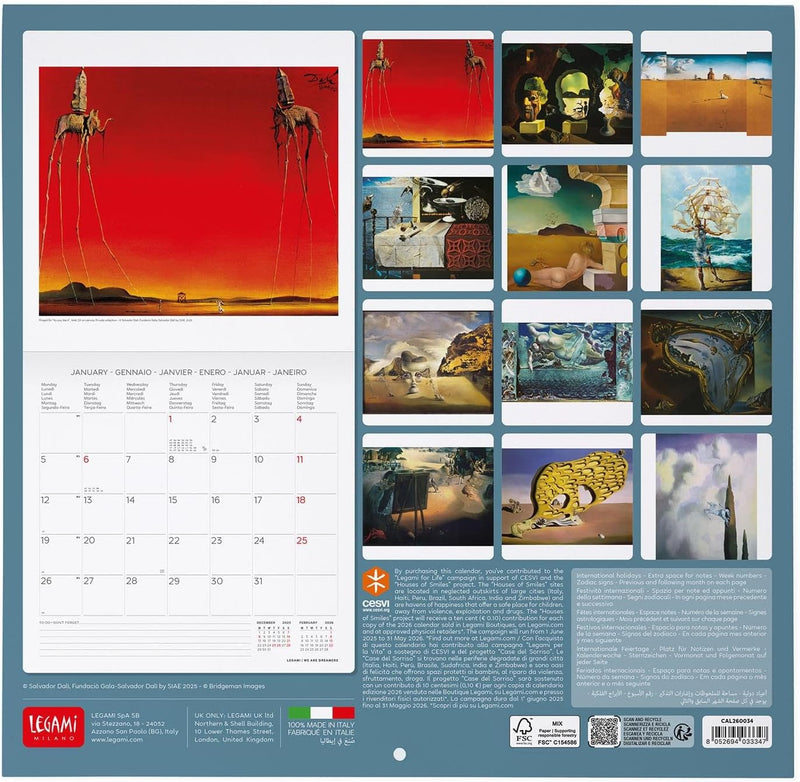 Calendario da Parete 12 Mesi Legami con Planner Annuale 2026 Salvador Dalì 30 x 29 cm