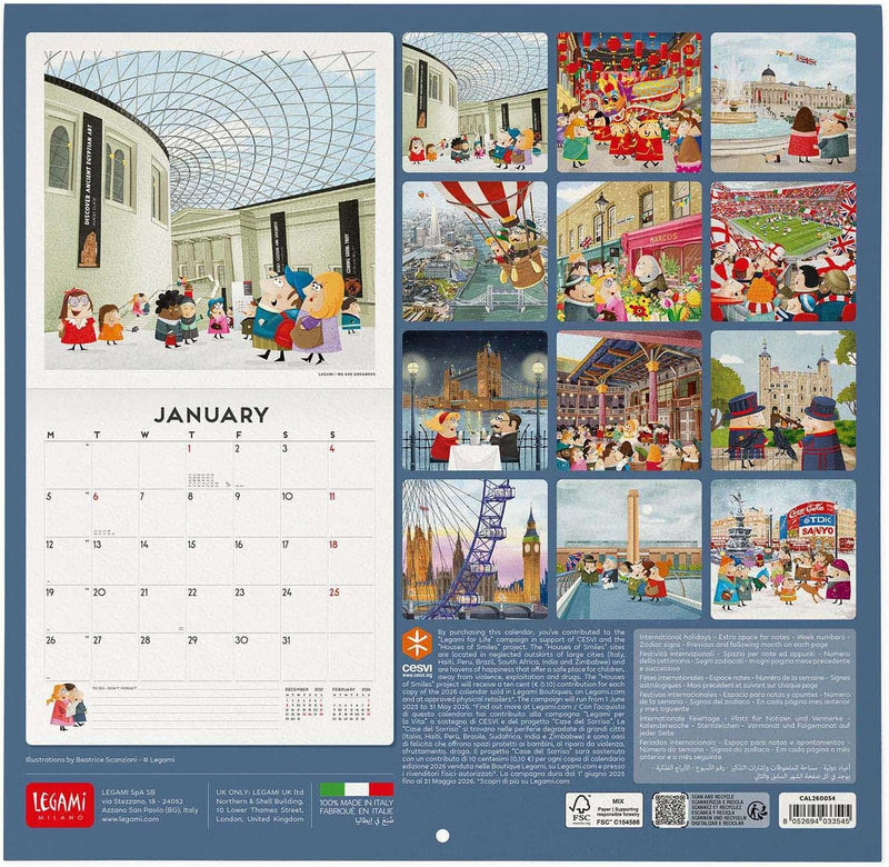 Calendario da Parete 12 Mesi Legami con Planner Annuale 2026 London 30 x 29 cm