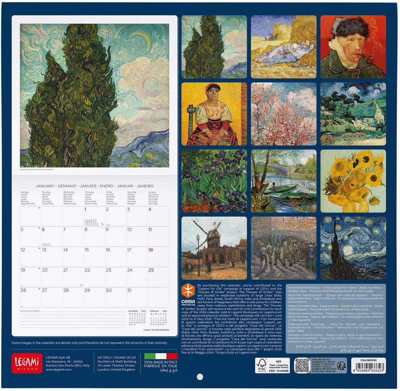 Calendario da Parete 12 Mesi Legami con Planner Annuale 2026 Vincent Van Gogh 30 x 29 cm