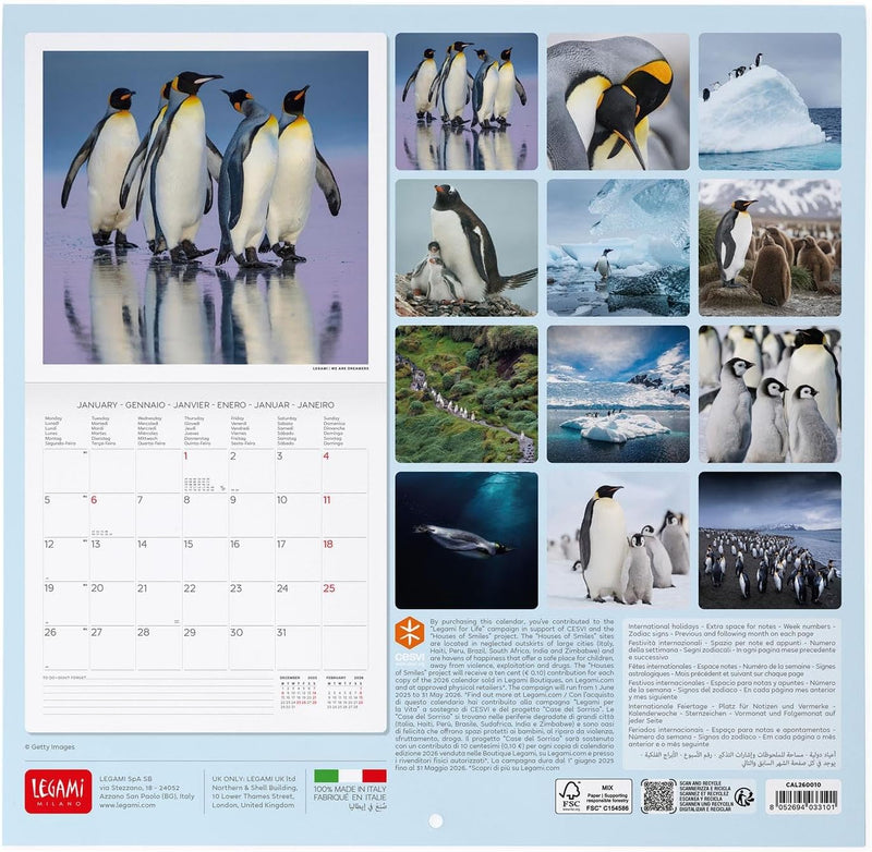 Calendario da Parete 12 Mesi Legami con Planner Annuale 2026 Penguins 30 x 29 cm