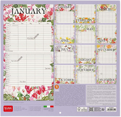 Calendario da Parete 12 Mesi Legami con Planner Annuale 2026 My Secret Garden 30 x 29 cm