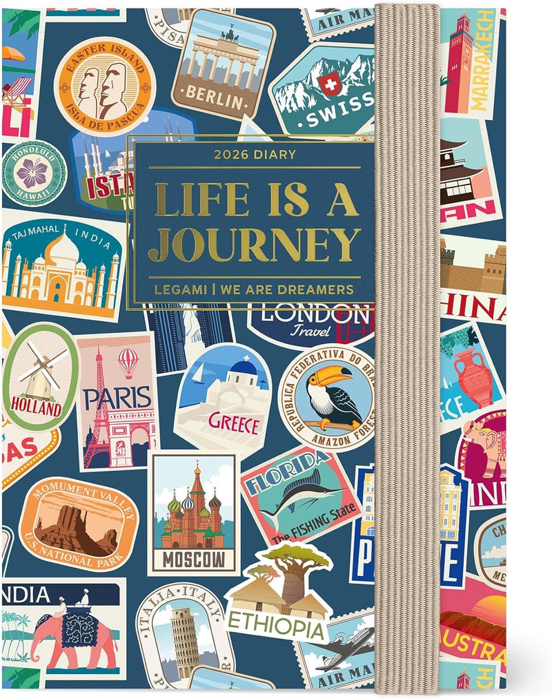 Agenda 12 Mesi Legami Settimanale Fotografica Mini con Rubrica 2026 Travel Stickers con Chiusura ad Elastico