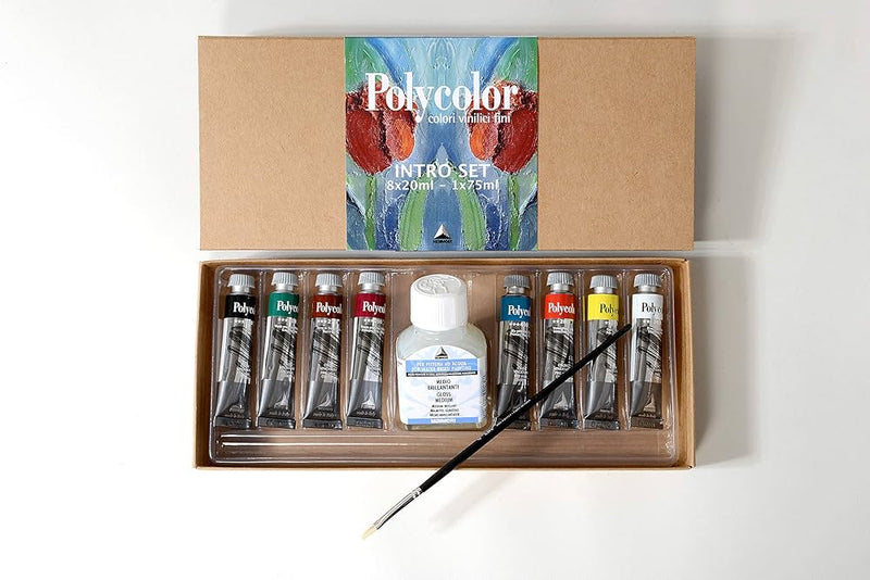 Set di Colori Acrilici Maimeri Polycolor in Tubetti da 20 ml con Brillantante e Pennello - 10 pezzi