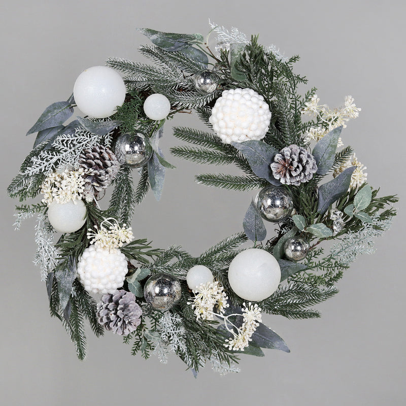 Ghirlanda Pino con Sfere e Pigne Bianco e Verde 60 cm