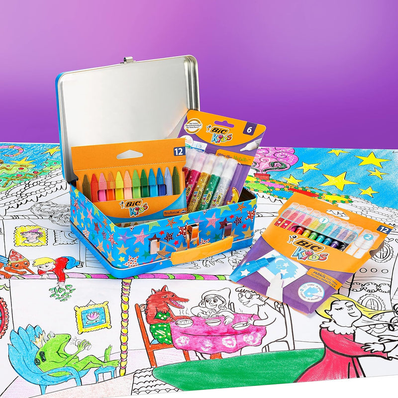 Colouring Box Box Bic Kids: 12 Pennarelli + 12 Pastelli a Cera + 6 Colle Glitter