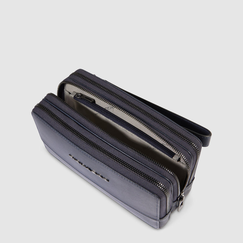 Astuccio Pochette Piquadro New Classic in Pelle a 3 Cerniere con Tracolla Removibile Blu