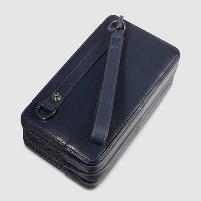 Astuccio Pochette Piquadro New Classic in Pelle a 3 Cerniere con Tracolla Removibile Blu