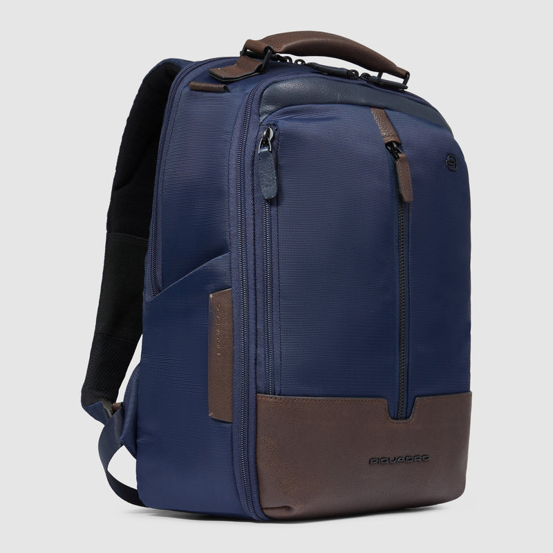 Zaino Piquadro Marcel in Pelle e Tessuto con Porta PC 14" Blu e Testa di Moro