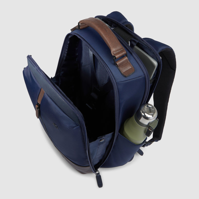 Zaino Piquadro Marcel in Pelle e Tessuto con Porta PC 14" Blu e Testa di Moro