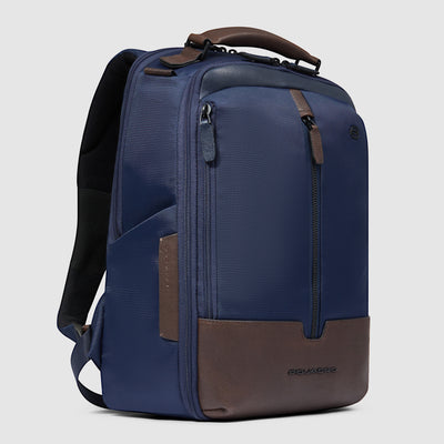 Zaino da Viaggio PRO Piquadro Marcel in Pelle e Tessuto Espandibile con Porta PC 15,6'' Blu e Testa di Moro