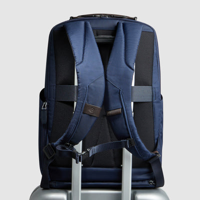 Zaino da Viaggio PRO Piquadro Marcel in Pelle e Tessuto Espandibile con Porta PC 15,6'' Blu e Testa di Moro
