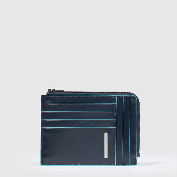 Porta Carte di Credito da Uomo Piquadro Blue Square in Pelle con Porta Monete e RFID Blu