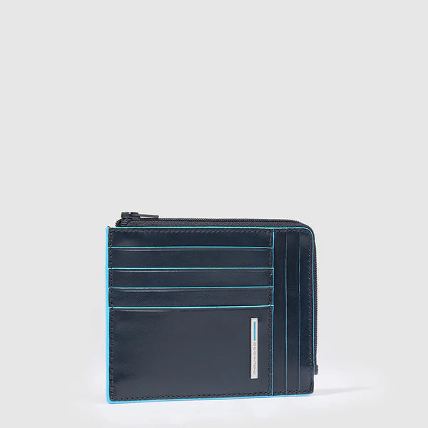 Porta Carte di Credito da Uomo Piquadro Blue Square in Pelle con Porta Monete e RFID Blu