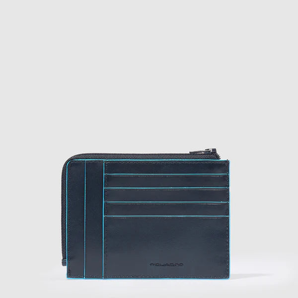 Porta Carte di Credito da Uomo Piquadro Blue Square in Pelle con Porta Monete e RFID Blu
