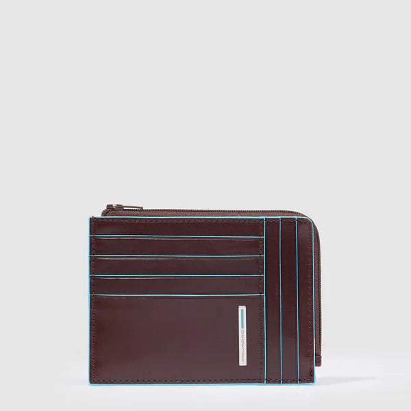 Porta Carte di Credito da Uomo Piquadro Blue Square in Pelle con Porta Monete e RFID Mogano