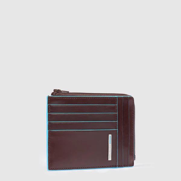 Porta Carte di Credito da Uomo Piquadro Blue Square in Pelle con Porta Monete e RFID Mogano