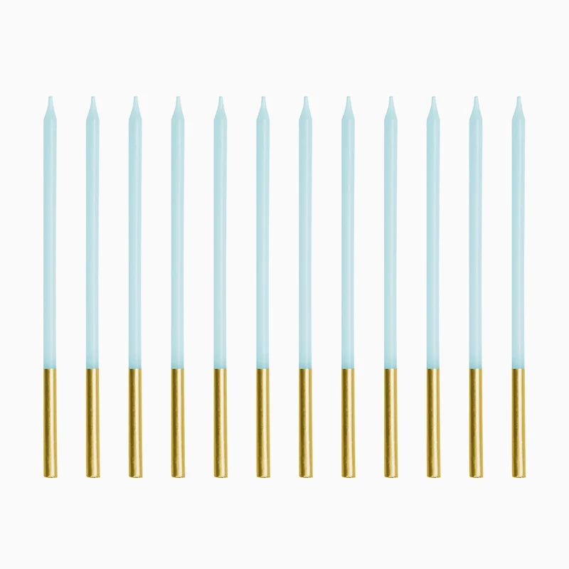 Candeline Compleanno Azzurro con Base Oro 14 cm - 12 pezzi