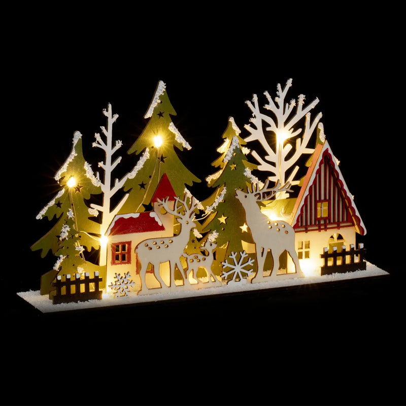 Villaggio in Legno con 13 LED 17 x 30 x 6 cm