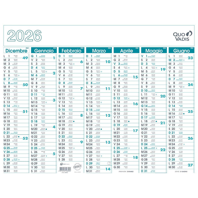 Calendario da Parete 14 Mesi Quo Vadis Classic 2026 Rigido 43 x 33,5 cm