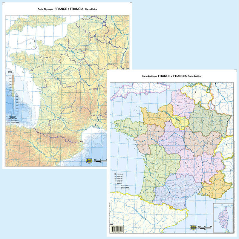 Cartina Scolastica Muta Francia Fisica e Politica Double Face A3
