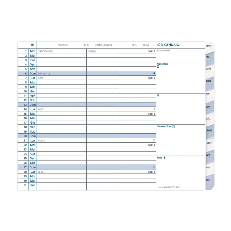 Refill Agenda 12 Mesi Mensile Quo Vadis Plain 2026 in Carta Bianca 10 x 15 cm