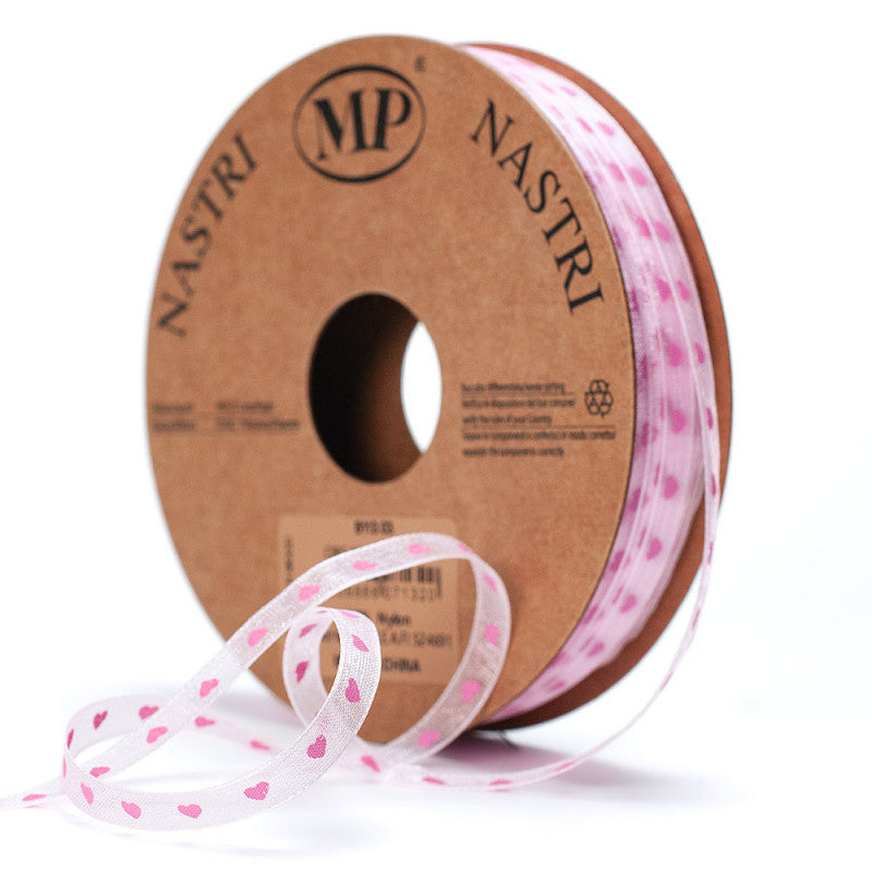 Nastro Organza Cuori Rosa 6 mm x 25 mt