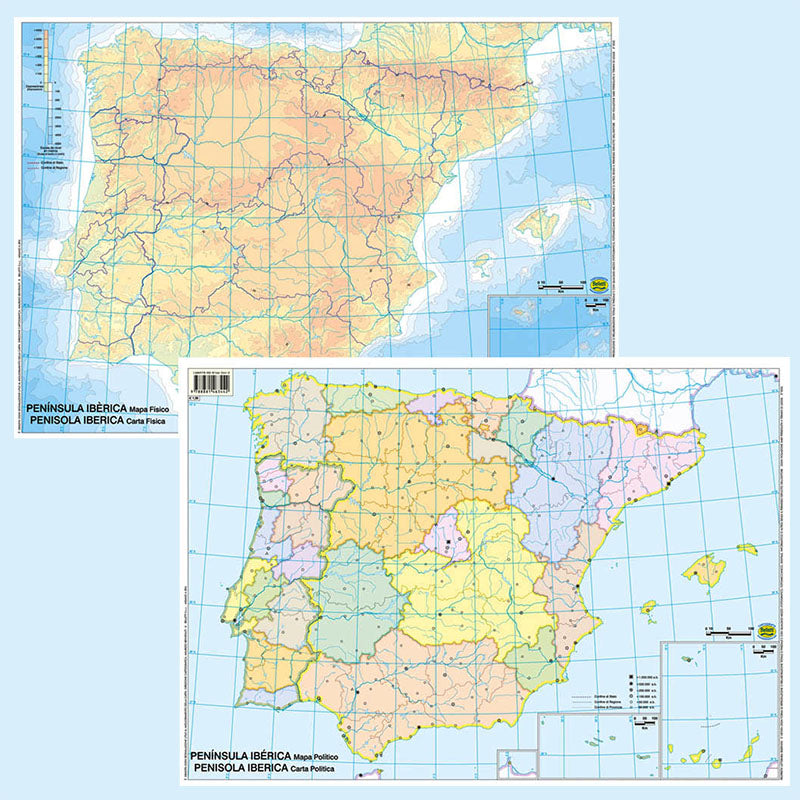 Cartina Scolastica Muta Penisola Iberica Fisica e Politica Double Face A3