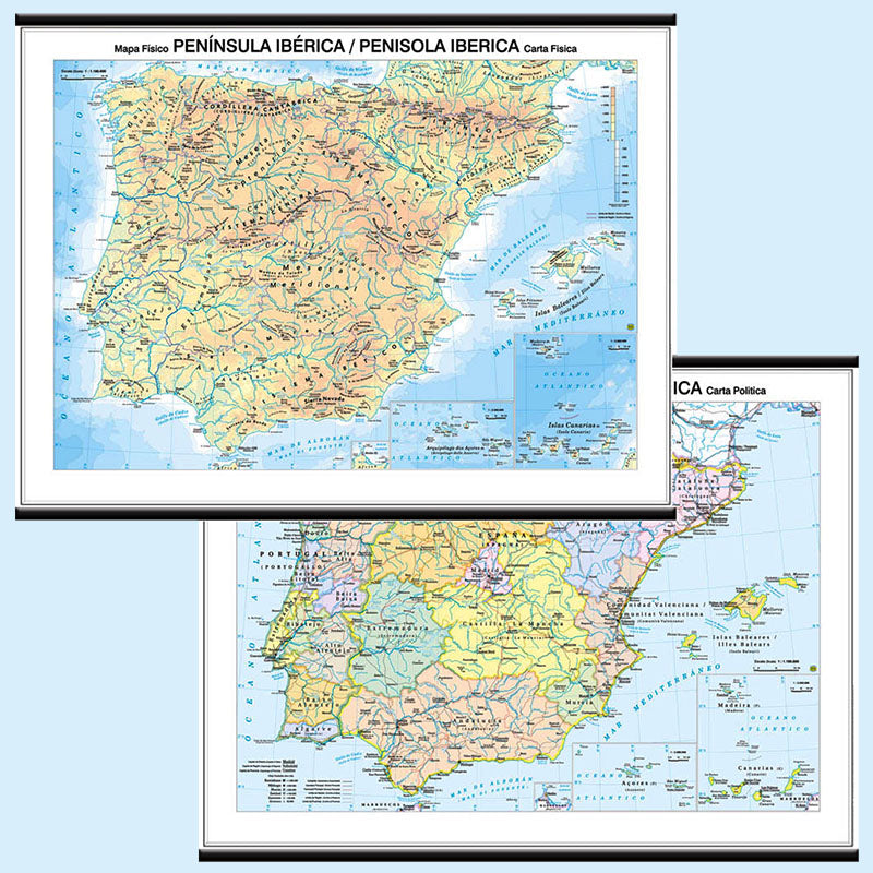 Cartina da Muro Penisola Iberica Fisica e Politica Double Fase  99 x 132 cm