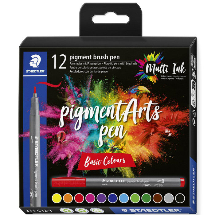 Pennarelli Pigment Arts Staedtler 371 Basic Colours con Punta a Pennello Medio Rigida - 12 pezzi