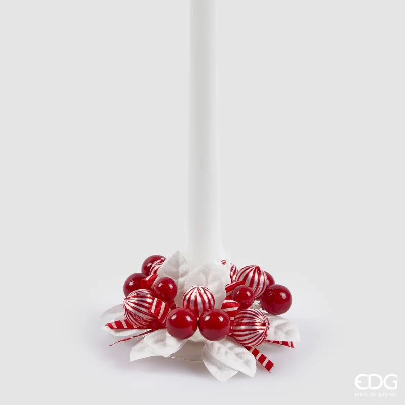 Porta Candela Decomix con Bacche e Foglie Rosso e Bianco 10 cm