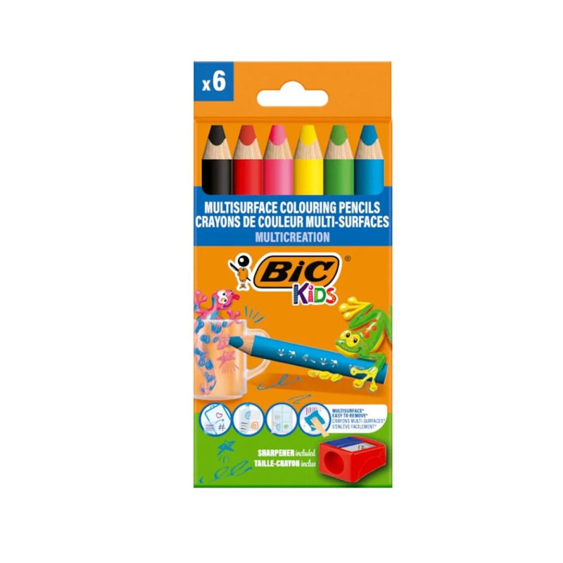 Matite Multisuperficie Triangolari Bic Kids con Punta da 10 mm con Temperino - 6 colori